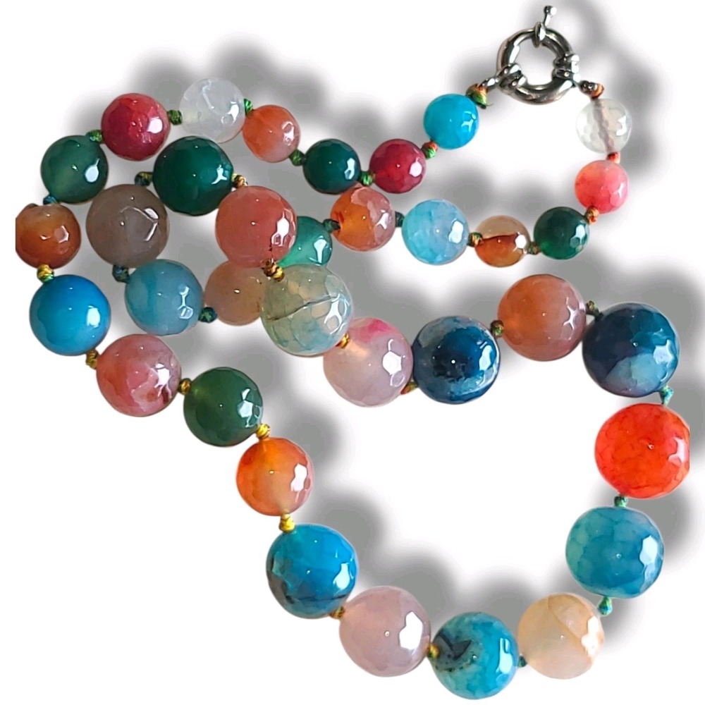 Vintage Hand Knotted Graduated Multicolor Agate Bead Necklace 24" 128g 10-18mm
